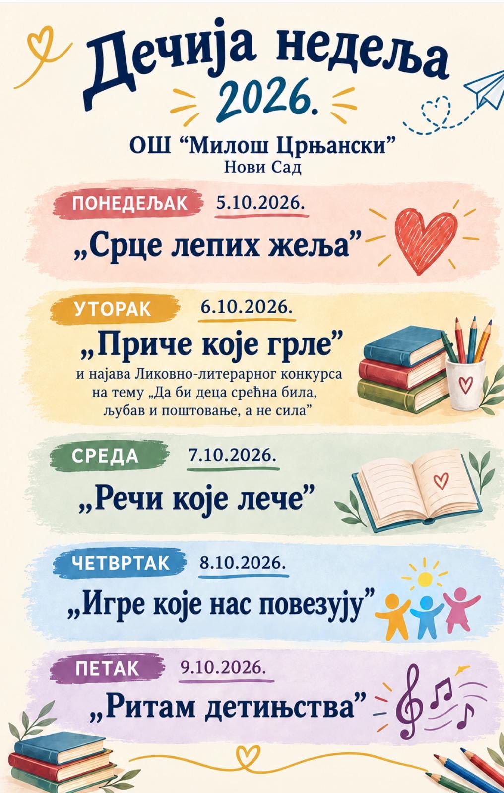 План активности за обележавање Дечје недеље у ОШ „Милош Црњански“ Нови Сад